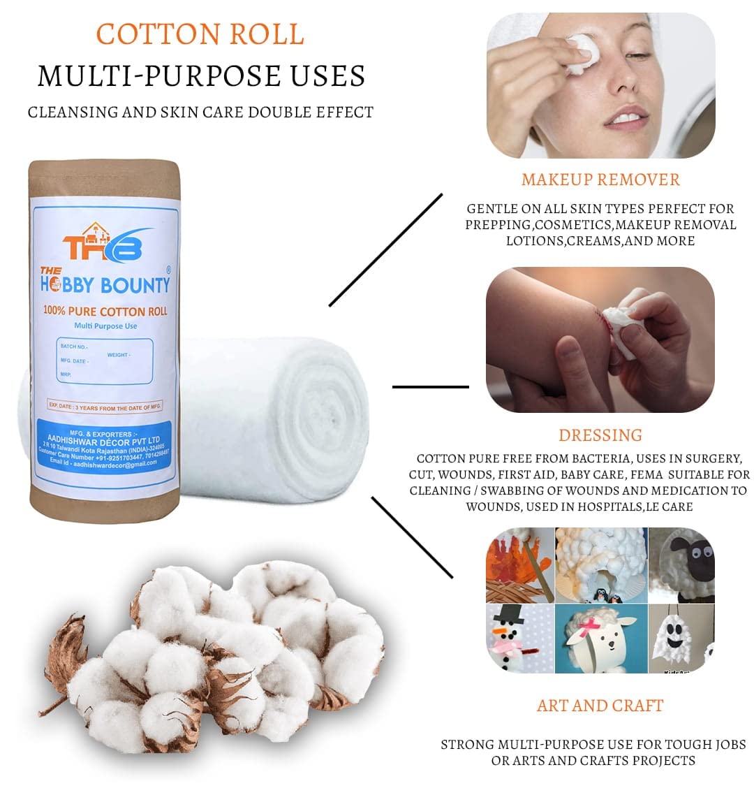 The Hobby Bounty Pure Cotton Roll, Cotton, Multi-Use Cotton Pads for Skincare, Baby Care, and Makeup Removal - front view (21