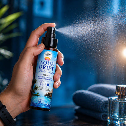 THE PERFUME VEDA Aqua Drift Body Mist, 100ml, Unisex Aquatic Fragrance, Travel-Friendly Body Spray - front view