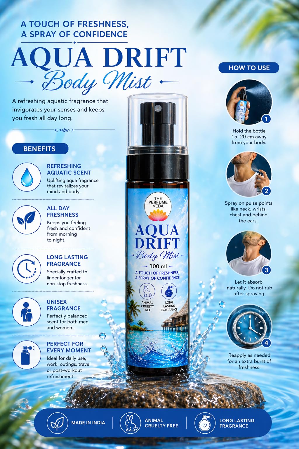 THE PERFUME VEDA Aqua Drift Body Mist, 100ml, Unisex Aquatic Fragrance, Travel-Friendly Body Spray - back view