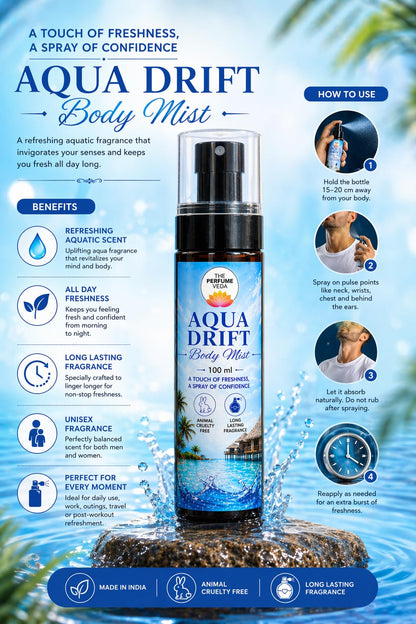 THE PERFUME VEDA Aqua Drift Body Mist, 100ml, Unisex Aquatic Fragrance, Travel-Friendly Body Spray - back view