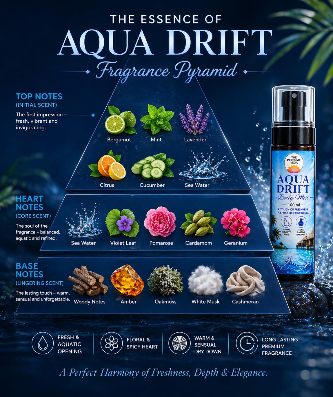 THE PERFUME VEDA Aqua Drift Body Mist, 100ml, Unisex Aquatic Fragrance, Travel-Friendly Body Spray - label detail