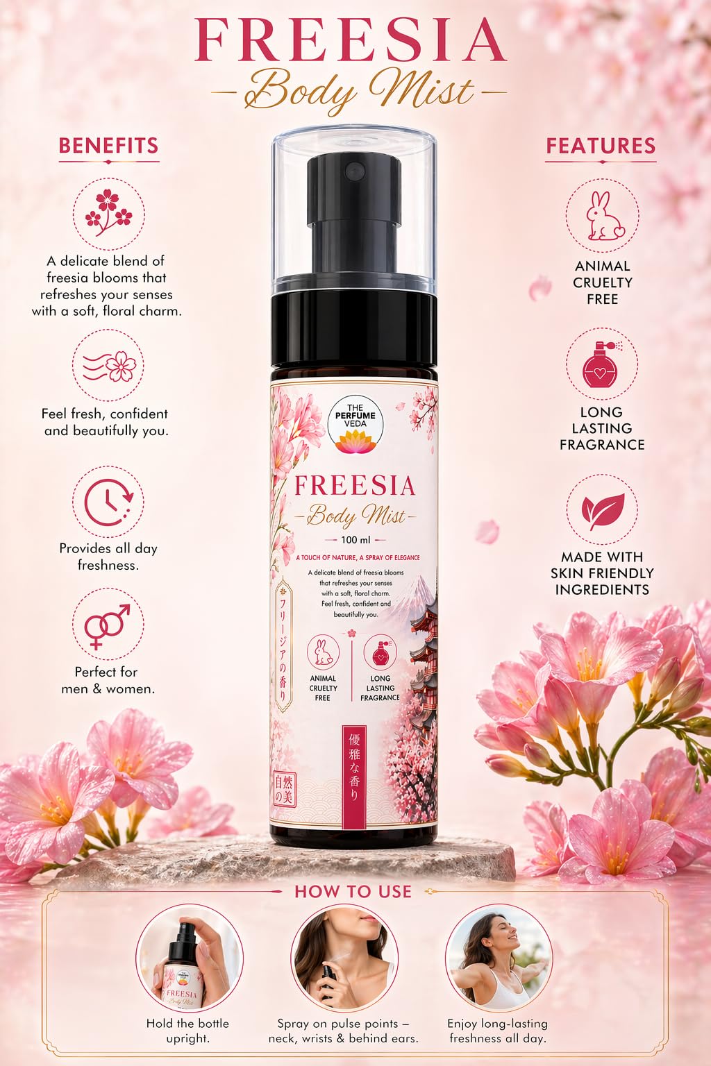 THE PERFUME VEDA Freesia Body Mist 100 ml - Floral Body Spray for Women - packaging