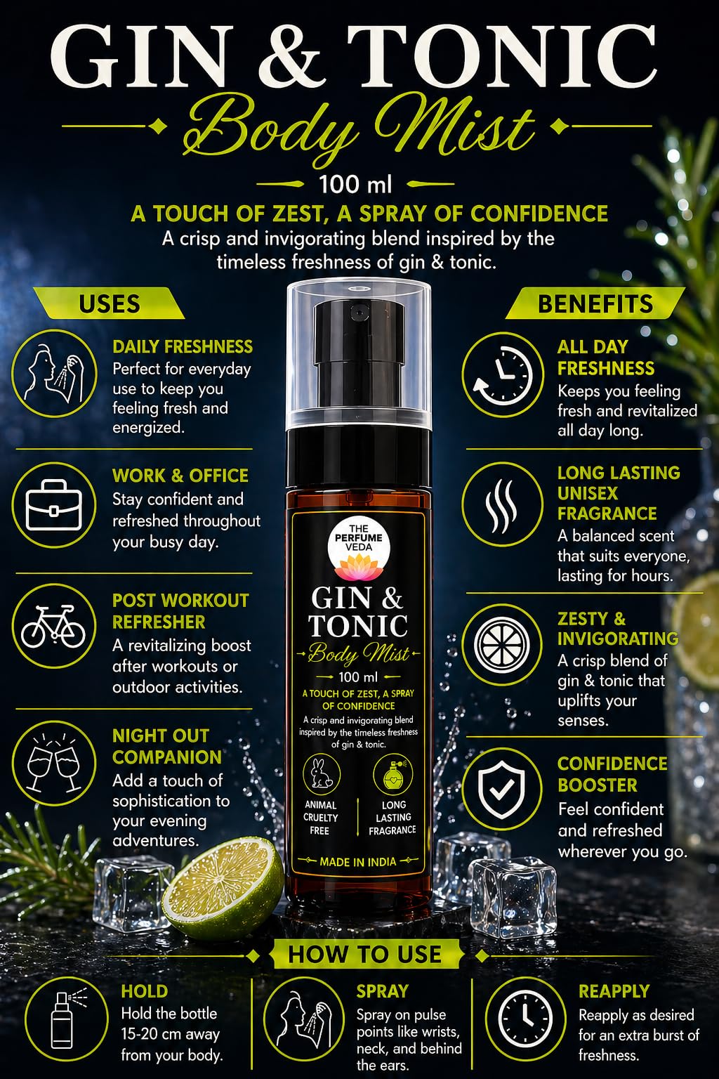 THE PERFUME VEDA Gin & Tonic Body Mist, 100 ml, Unisex Fragrance with Citrus, Juniper & Musk - back view