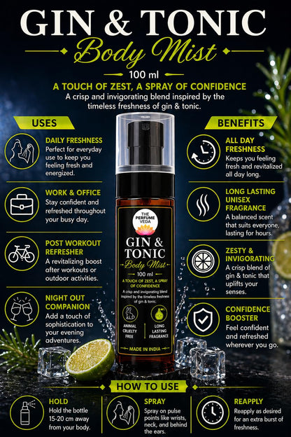 THE PERFUME VEDA Gin & Tonic Body Mist, 100 ml, Unisex Fragrance with Citrus, Juniper & Musk - back view