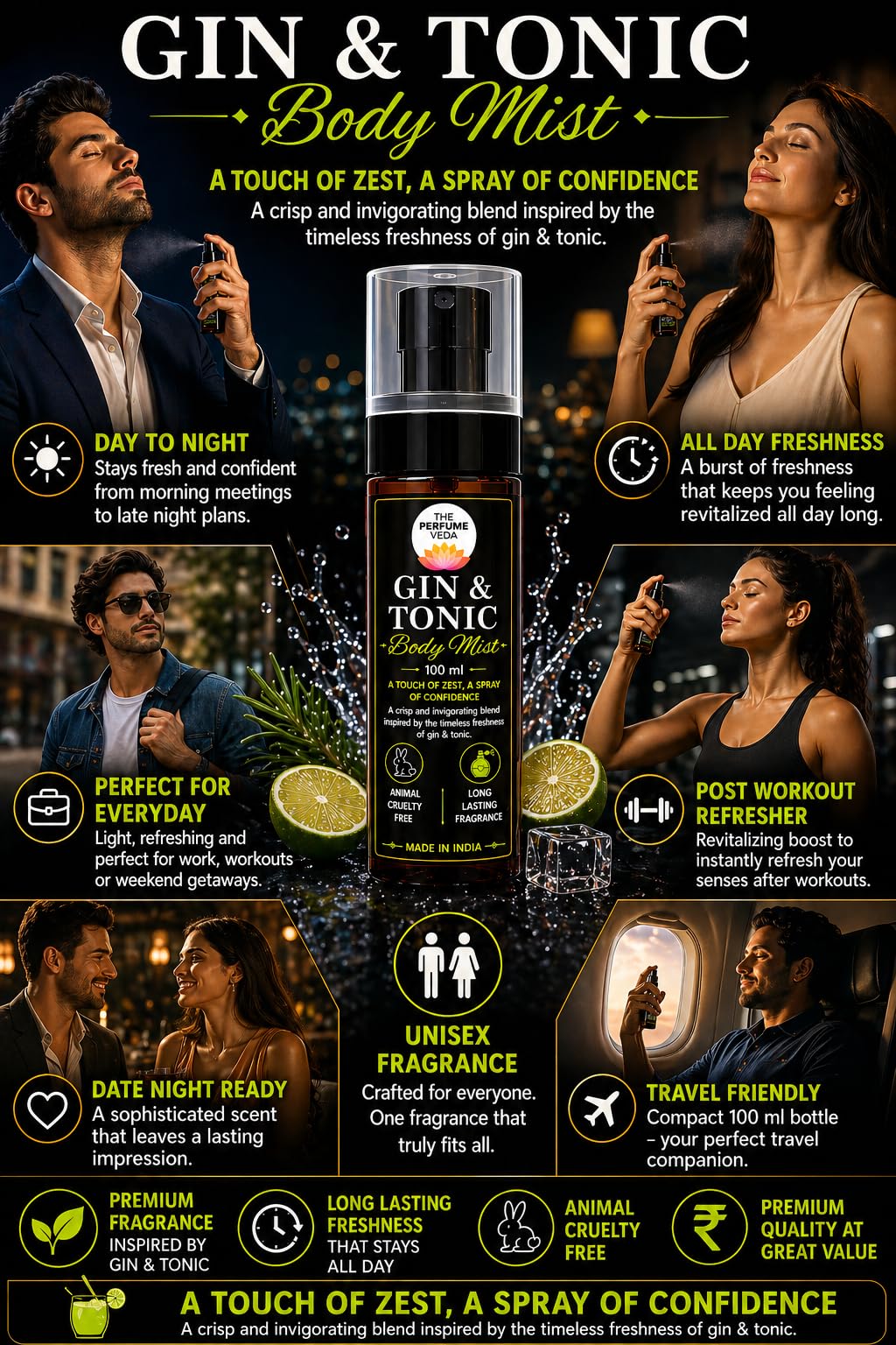 THE PERFUME VEDA Gin & Tonic Body Mist, 100 ml, Unisex Fragrance with Citrus, Juniper & Musk - ingredients panel