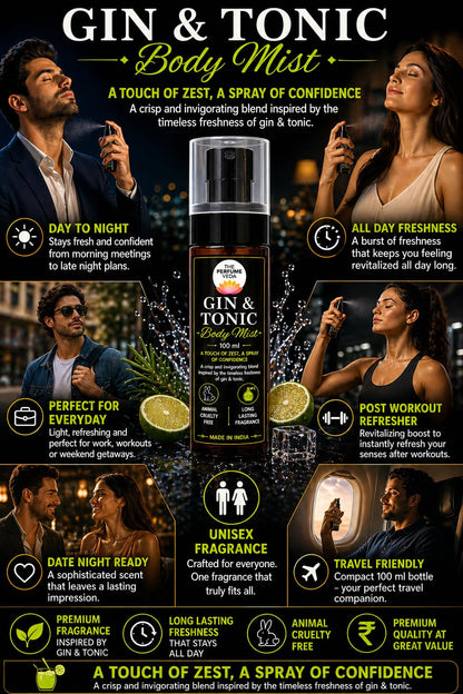 THE PERFUME VEDA Gin & Tonic Body Mist, 100 ml, Unisex Fragrance with Citrus, Juniper & Musk - ingredients panel