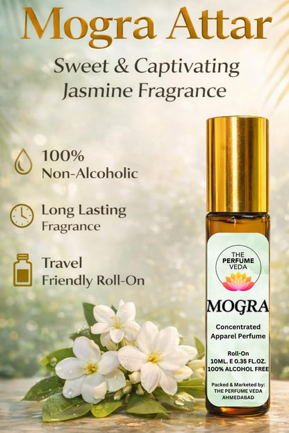 THE PERFUME VEDA Mogra (Jasmine) Attar, 10ml, Non-Alcoholic Roll-On Perfume Oil for Men and Women - front view