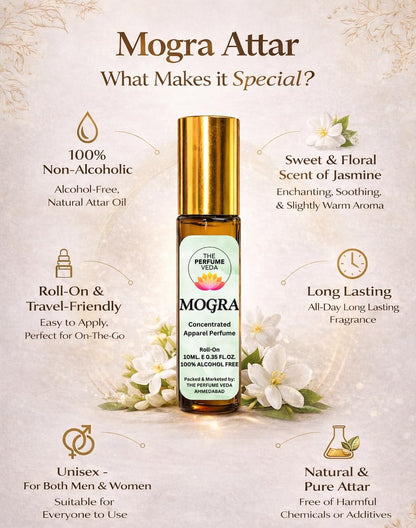 THE PERFUME VEDA Mogra (Jasmine) Attar, 10ml, Non-Alcoholic Roll-On Perfume Oil for Men and Women - packaging