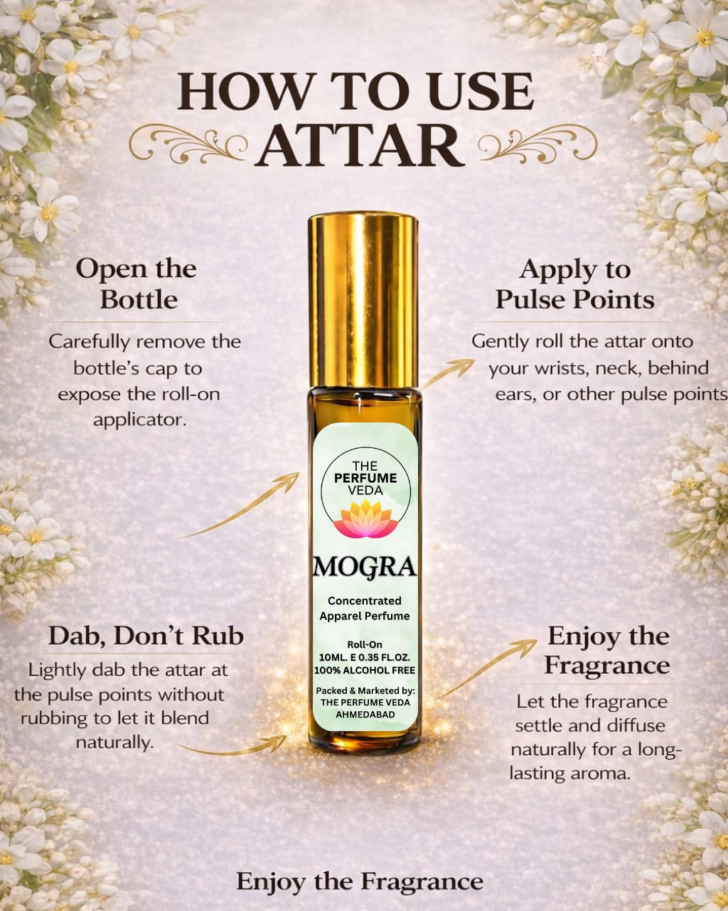 THE PERFUME VEDA Mogra (Jasmine) Attar, 10ml, Non-Alcoholic Roll-On Perfume Oil for Men and Women - label detail