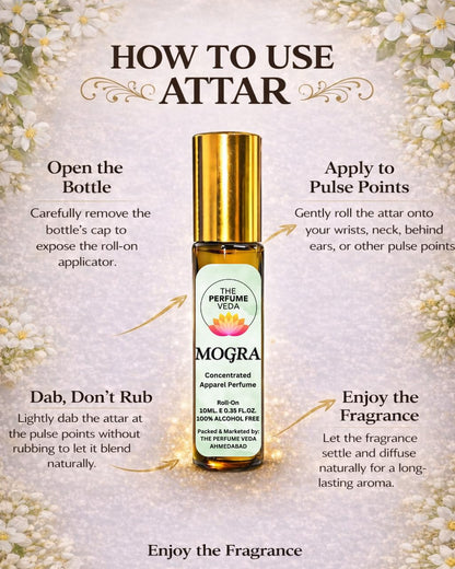 THE PERFUME VEDA Mogra (Jasmine) Attar, 10ml, Non-Alcoholic Roll-On Perfume Oil for Men and Women - label detail