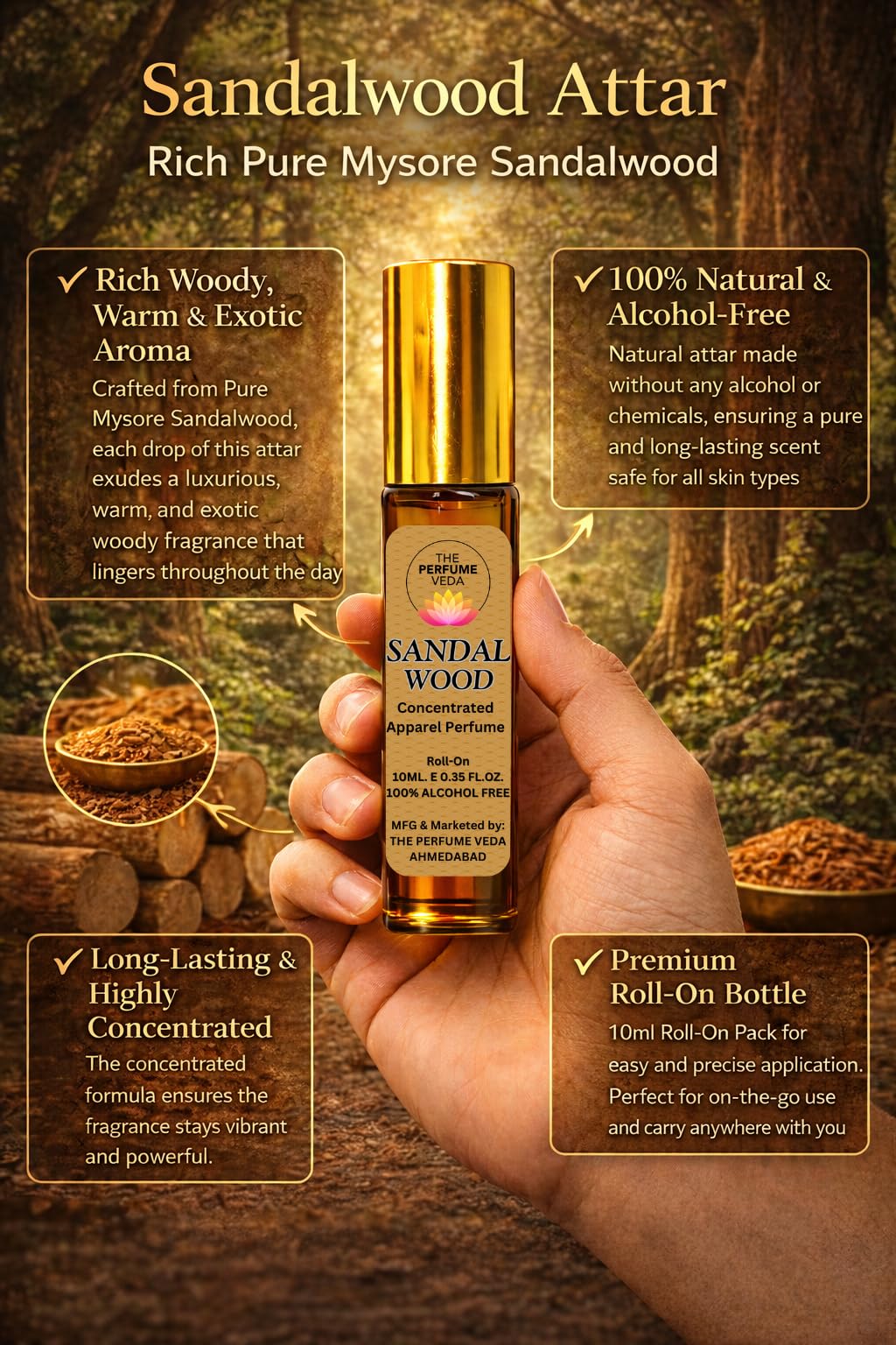 THE PERFUME VEDA Sandalwood Attar, 10ml Roll-On, Alcohol-Free Concentrated Perfume Oil, Unisex Woody Fragrance - front view