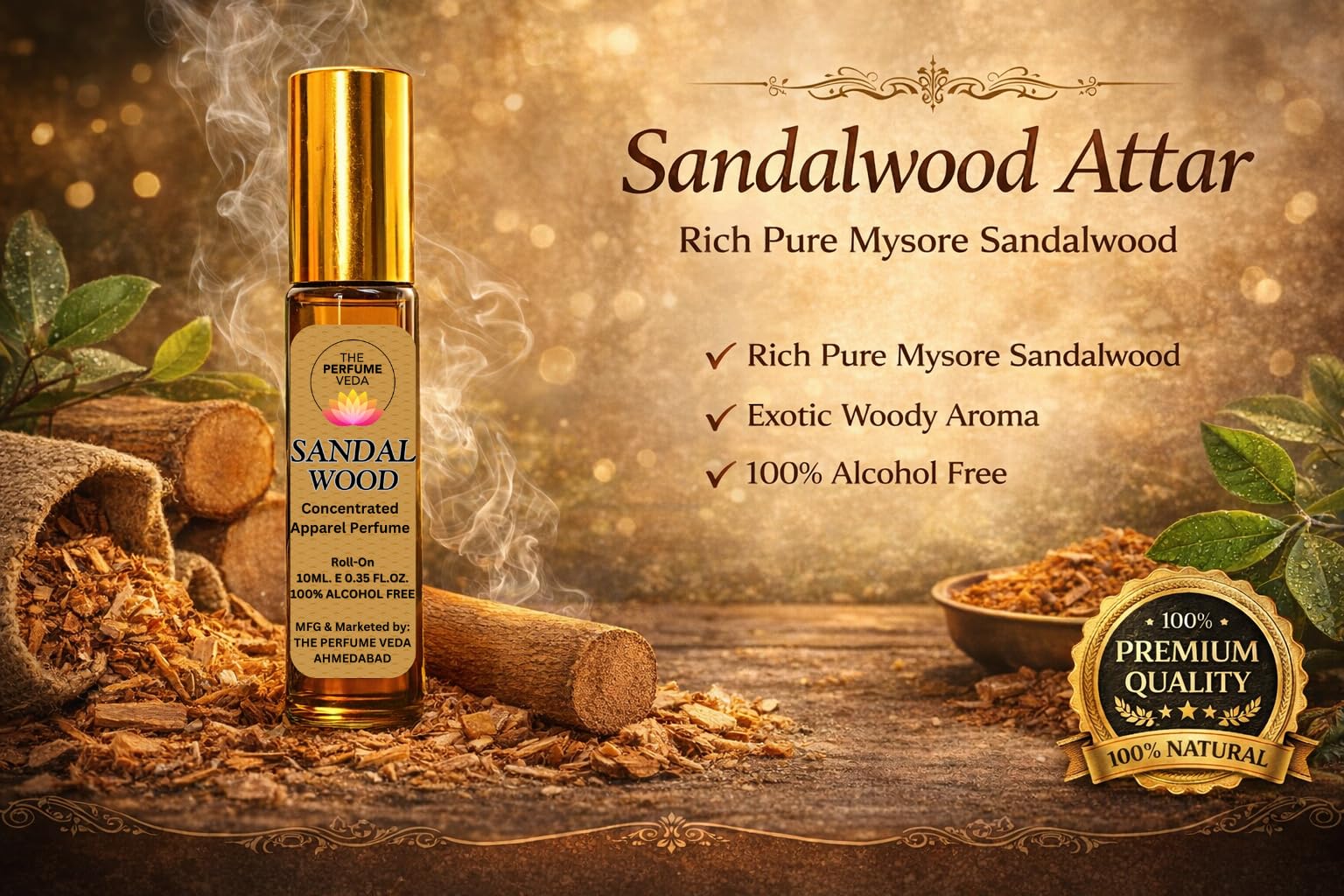 THE PERFUME VEDA Sandalwood Attar, 10ml Roll-On, Alcohol-Free Concentrated Perfume Oil, Unisex Woody Fragrance - packaging