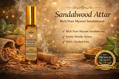 THE PERFUME VEDA Sandalwood Attar, 10ml Roll-On, Alcohol-Free Concentrated Perfume Oil, Unisex Woody Fragrance - packaging