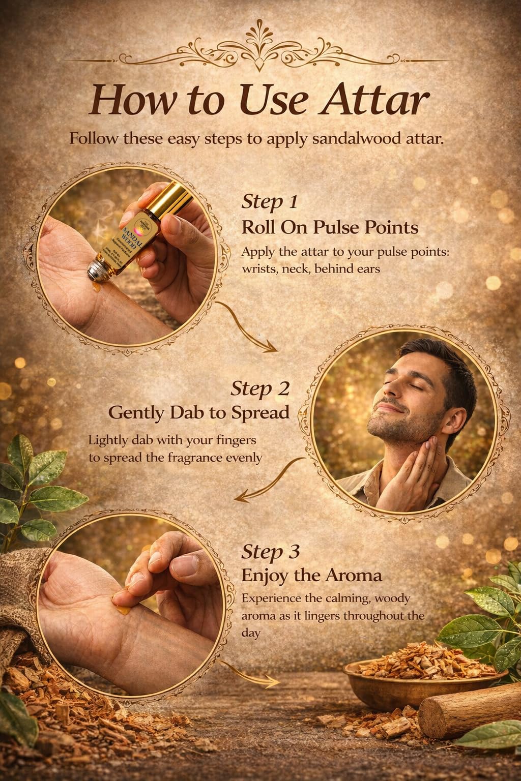 THE PERFUME VEDA Sandalwood Attar, 10ml Roll-On, Alcohol-Free Concentrated Perfume Oil, Unisex Woody Fragrance - label detail