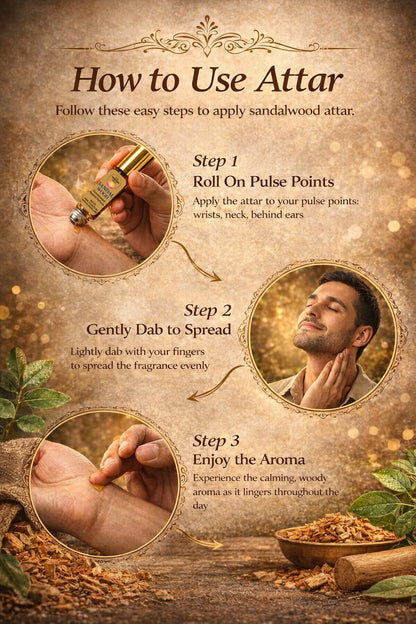THE PERFUME VEDA Sandalwood Attar, 10ml Roll-On, Alcohol-Free Concentrated Perfume Oil, Unisex Woody Fragrance - label detail