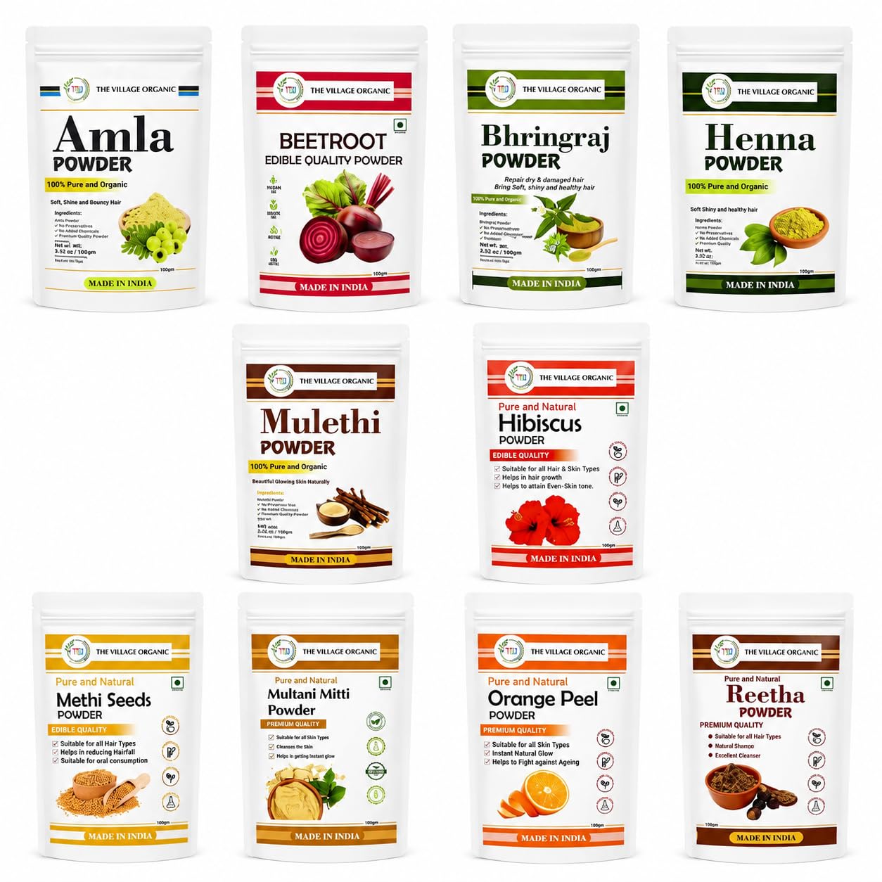 The Village Organic Herbal Powder Combo Pack for Hair & Skin Care - 5 Ayurvedic Herbs (8)