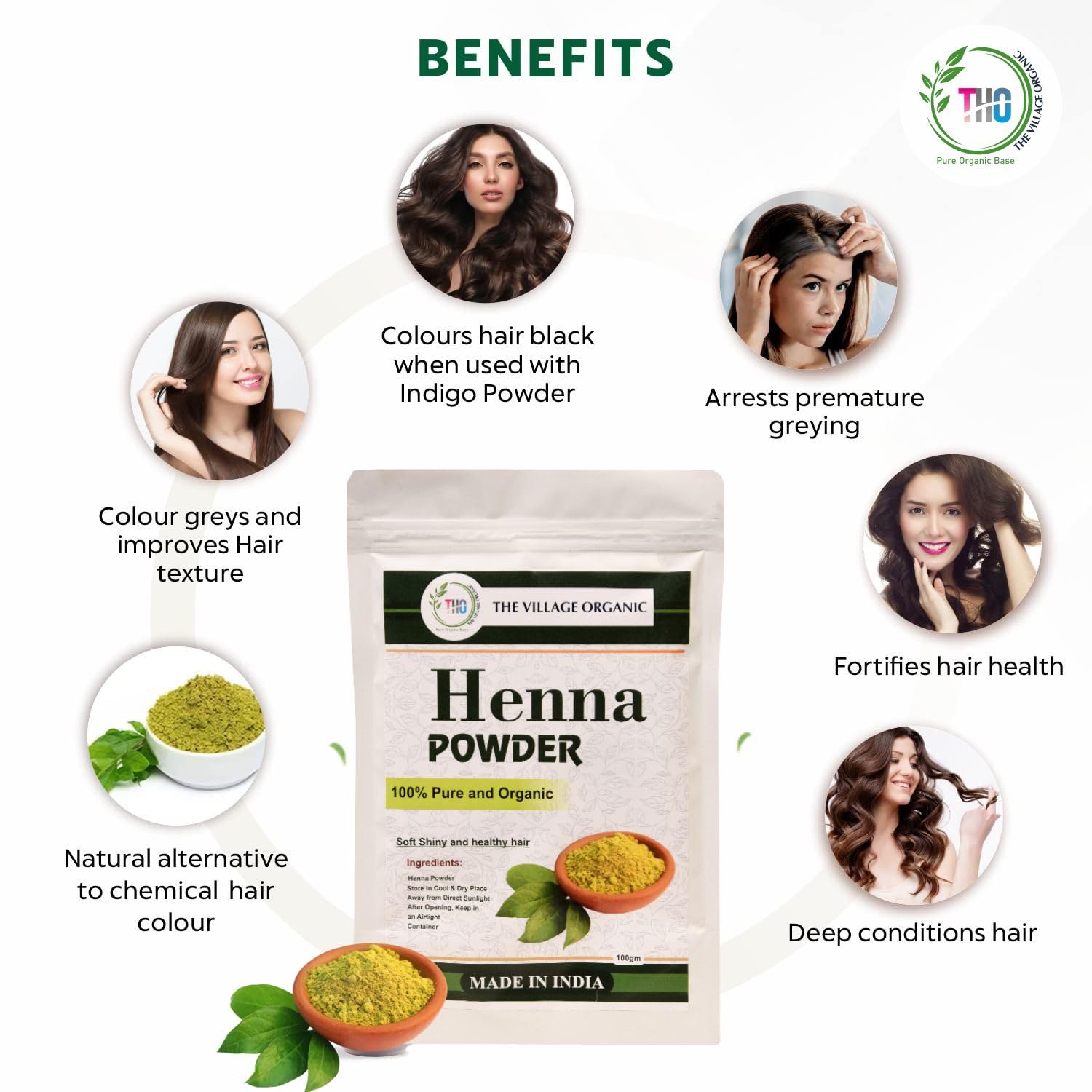 The Village Organic Herbal Powder Combo Pack for Hair & Skin Care - 5 Ayurvedic Herbs - front view (9)