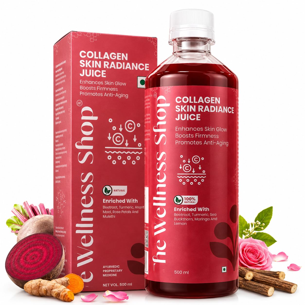 The Wellness Shop Collagen Juice with Biotin, Hyaluronic Acid & Vitamin C, 500ml Liquid Supplement