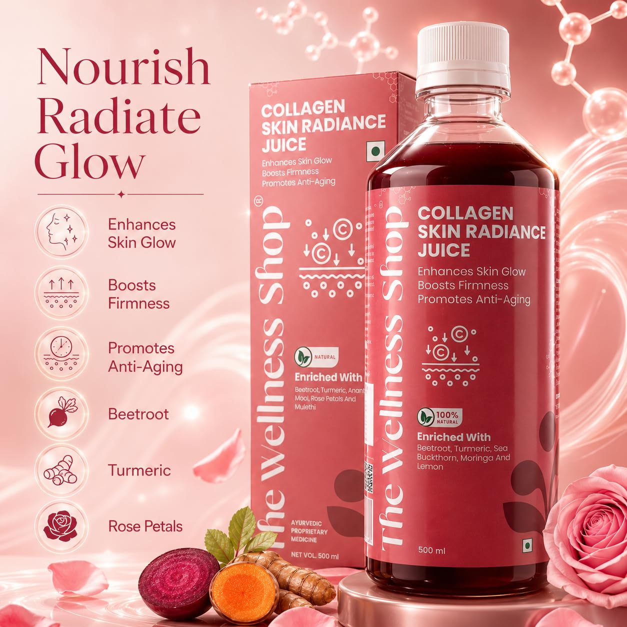 The Wellness Shop Collagen Juice with Biotin, Hyaluronic Acid & Vitamin C, 500ml Liquid Supplement - back view