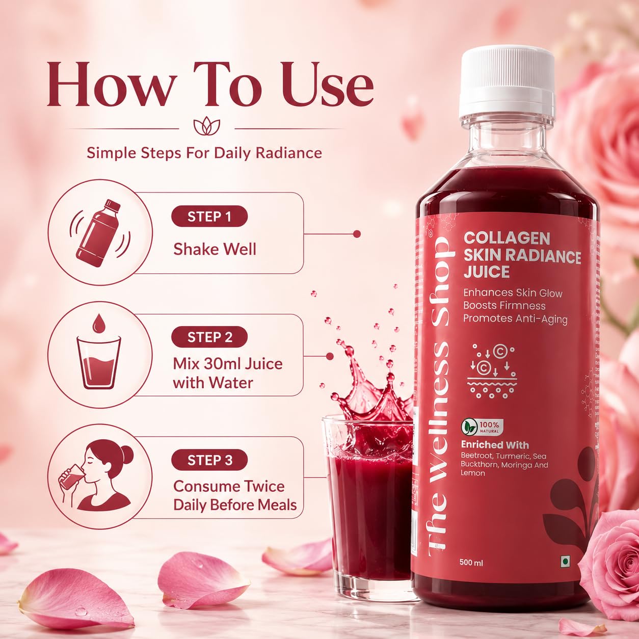 The Wellness Shop Collagen Juice with Biotin, Hyaluronic Acid & Vitamin C, 500ml Liquid Supplement - ingredients panel