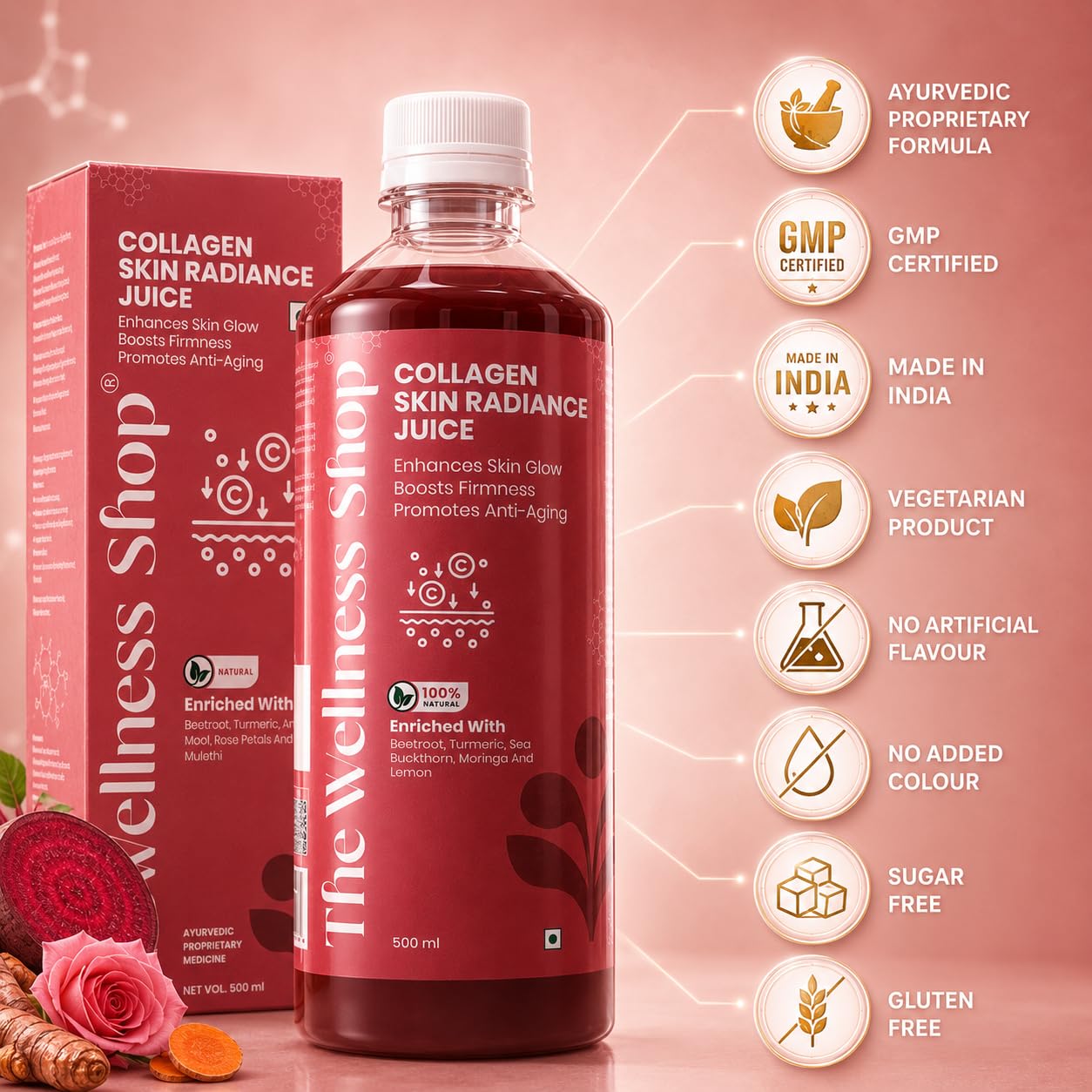 The Wellness Shop Collagen Juice with Biotin, Hyaluronic Acid & Vitamin C, 500ml Liquid Supplement - size and scale