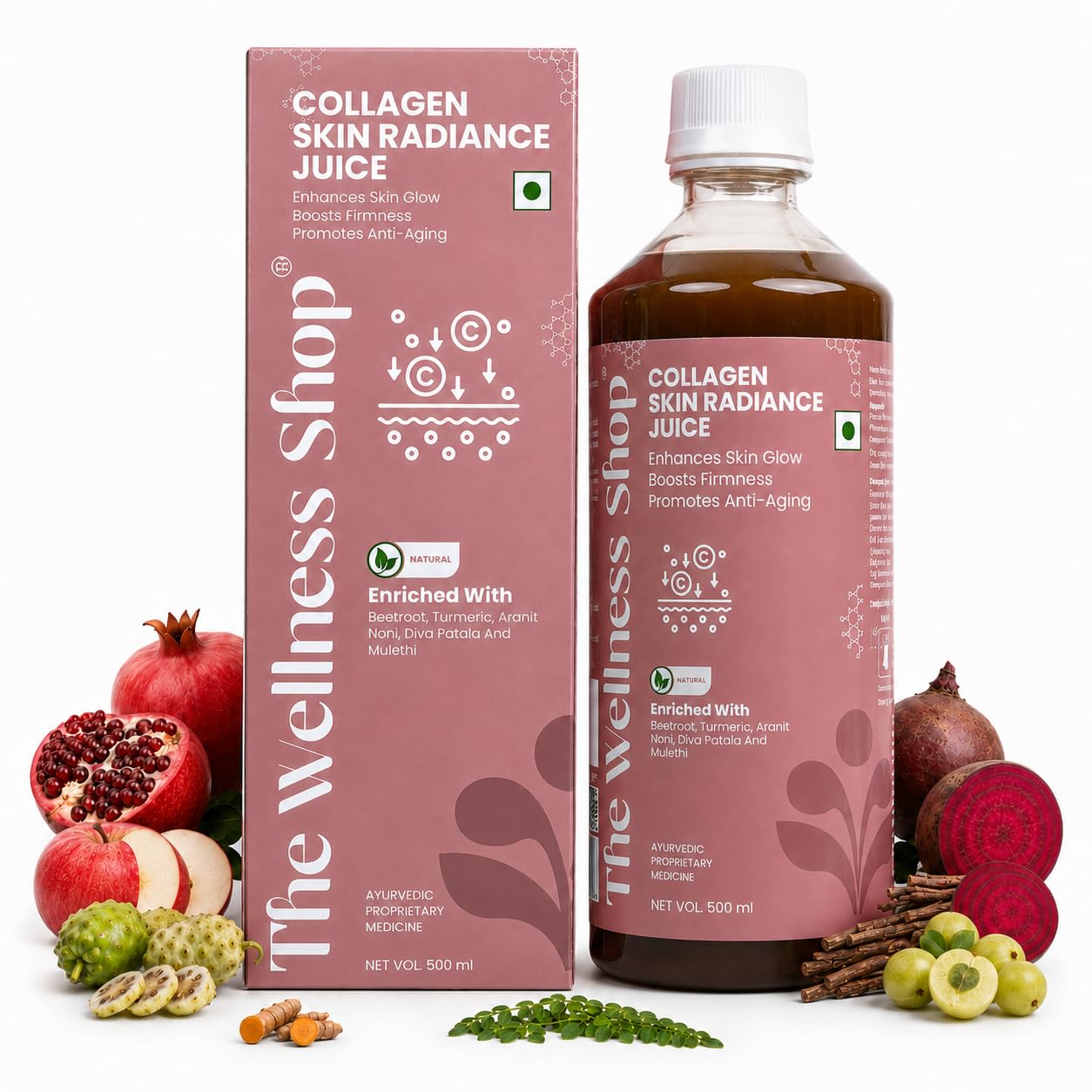 The Wellness Shop Collagen Skin Radiance Juice, 500ml, Herbal Liquid Supplement with Amla, Sea Buckthorn, Beetroot