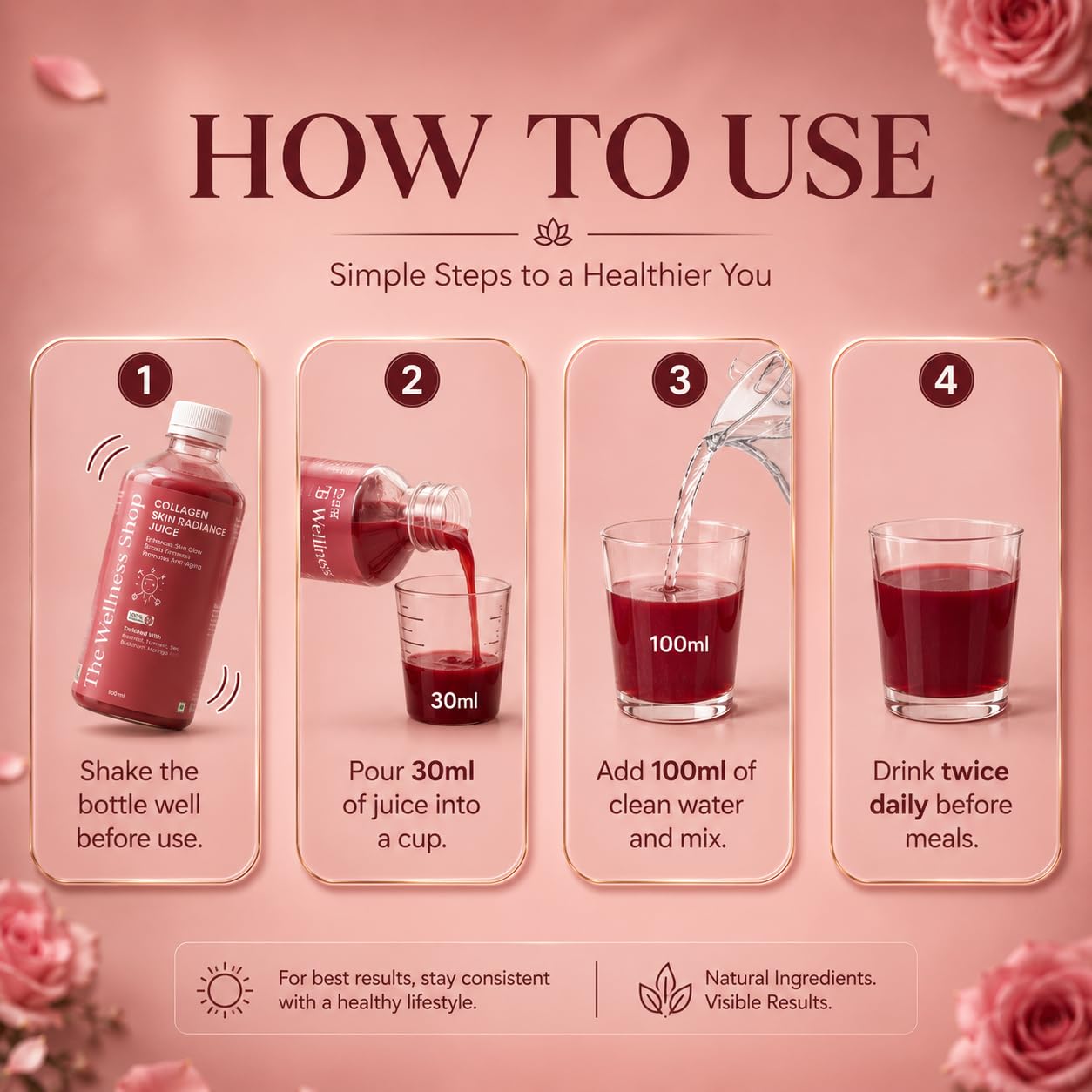 The Wellness Shop Collagen Skin Radiance Juice, 500ml, Herbal Liquid Supplement with Amla, Sea Buckthorn, Beetroot - packagin