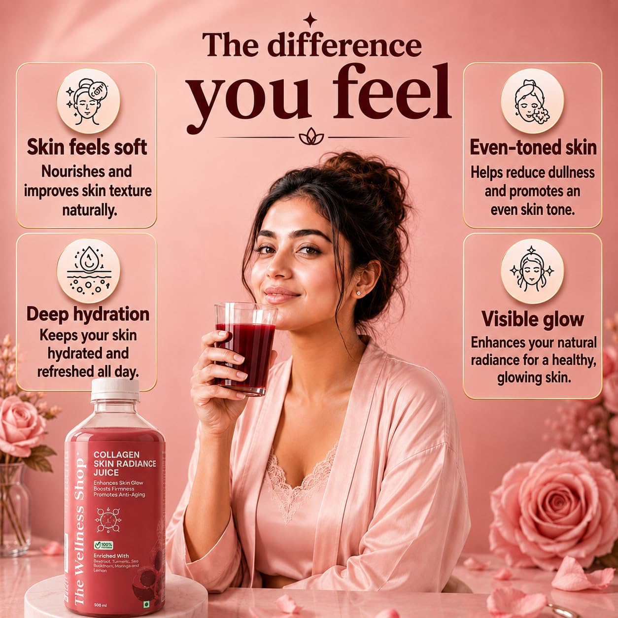The Wellness Shop Collagen Skin Radiance Juice, 500ml, Herbal Liquid Supplement with Amla, Sea Buckthorn, Beetroot - label de