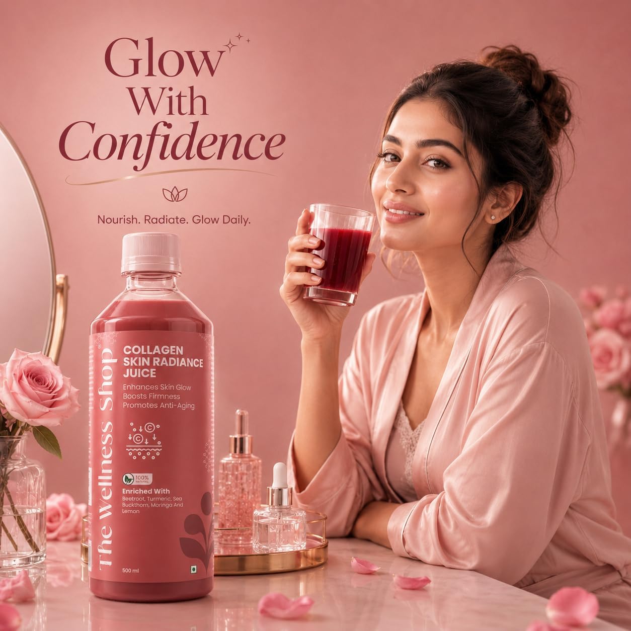 The Wellness Shop Collagen Skin Radiance Juice, 500ml, Herbal Liquid Supplement with Amla, Sea Buckthorn, Beetroot - ingredie