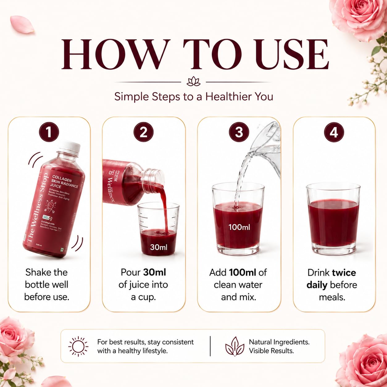 The Wellness Shop Collagen Skin Radiance Juice, 500ml, Herbal Liquid Supplement with Amla, Sea Buckthorn, Beetroot - packagin
