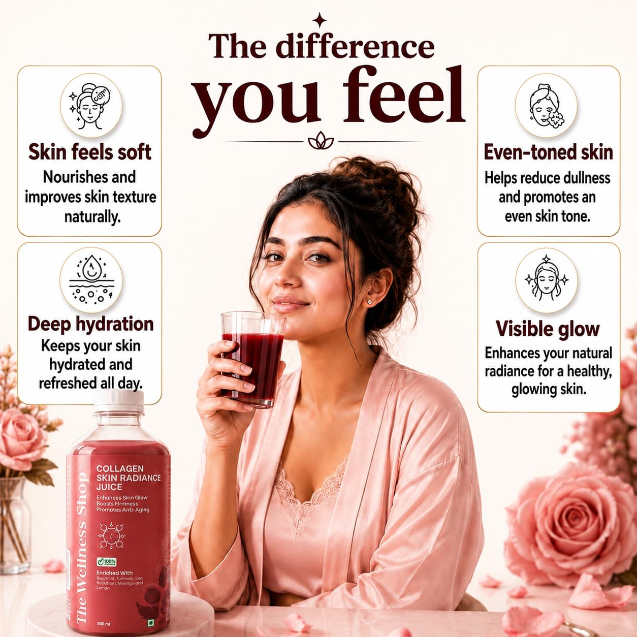 The Wellness Shop Collagen Skin Radiance Juice, 500ml, Herbal Liquid Supplement with Amla, Sea Buckthorn, Beetroot - label de