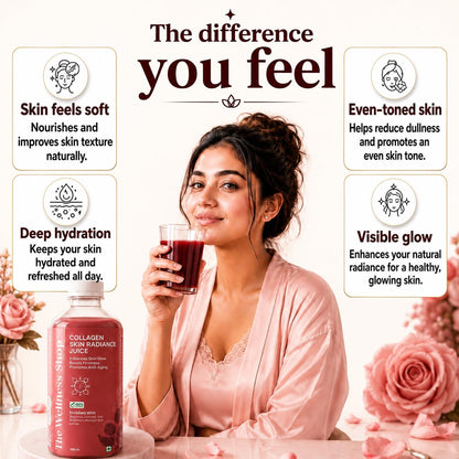 The Wellness Shop Collagen Skin Radiance Juice, 500ml, Herbal Liquid Supplement with Amla, Sea Buckthorn, Beetroot - label de