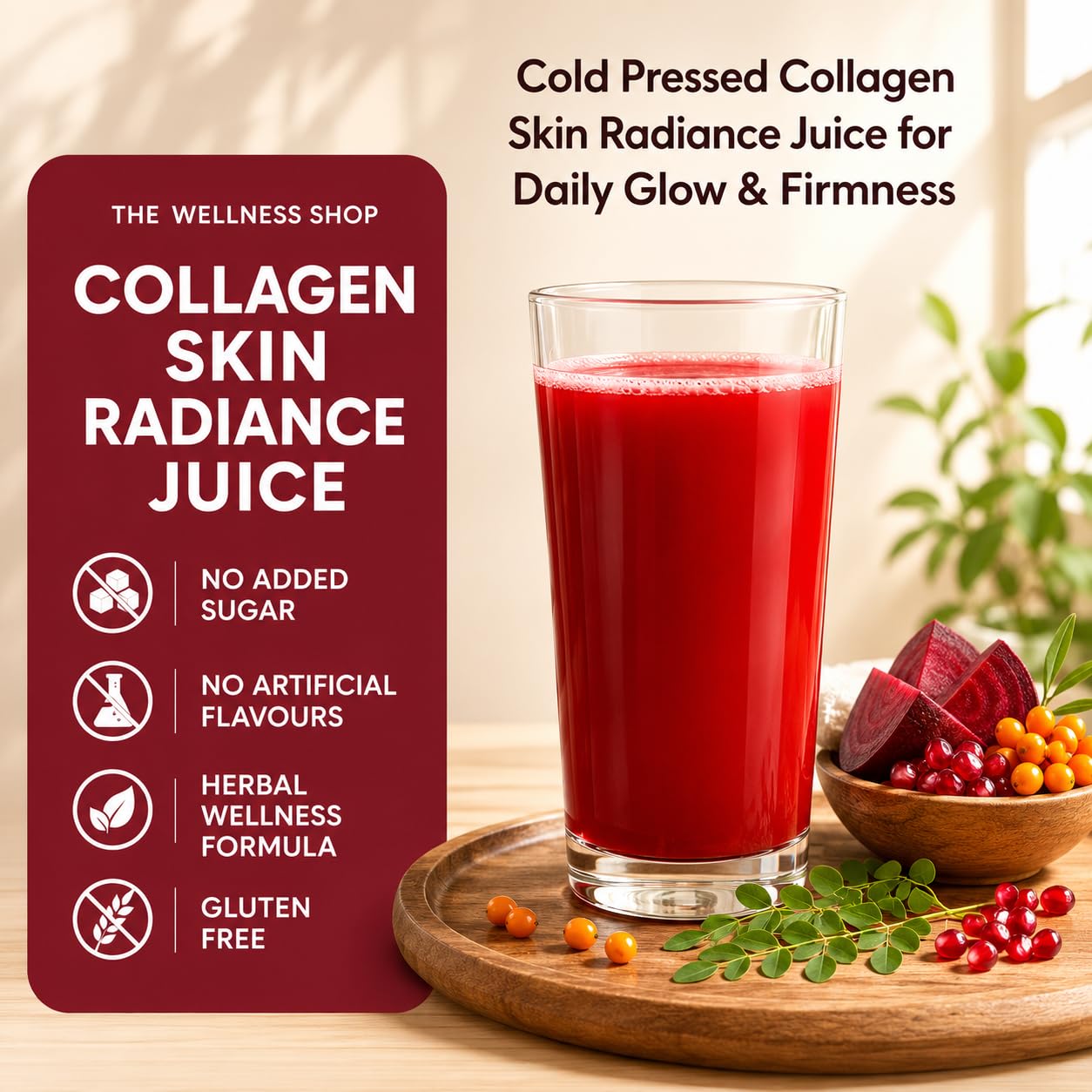 The Wellness Shop Collagen Skin Radiance Juice, 500ml, Herbal Liquid Supplement with Amla, Sea Buckthorn, Beetroot - in use