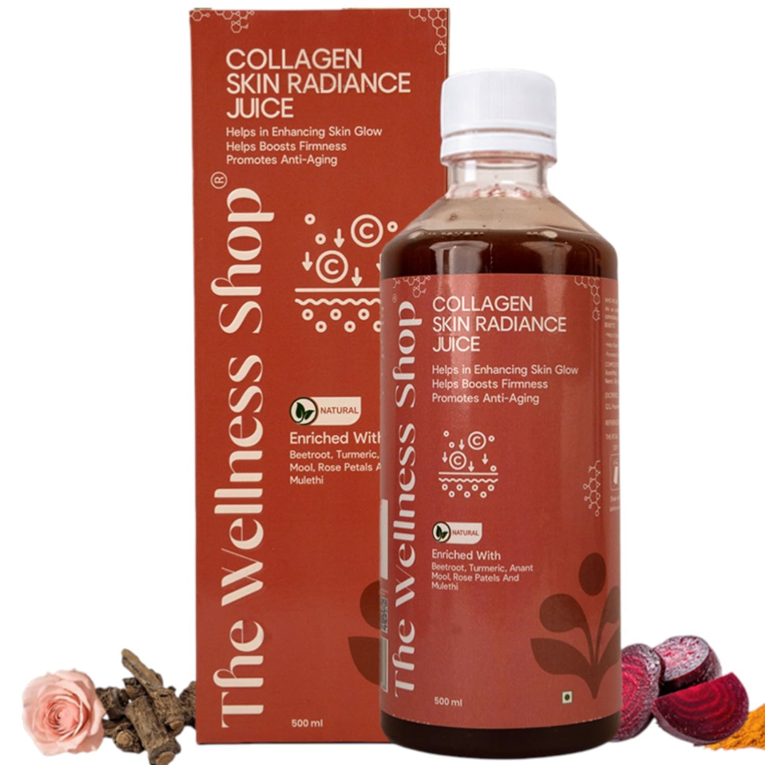 The Wellness Shop Collagen Skin Radiance Juice, 500ml, Sea Buckthorn Moringa, Ayurvedic Herbal Drink, Unisex