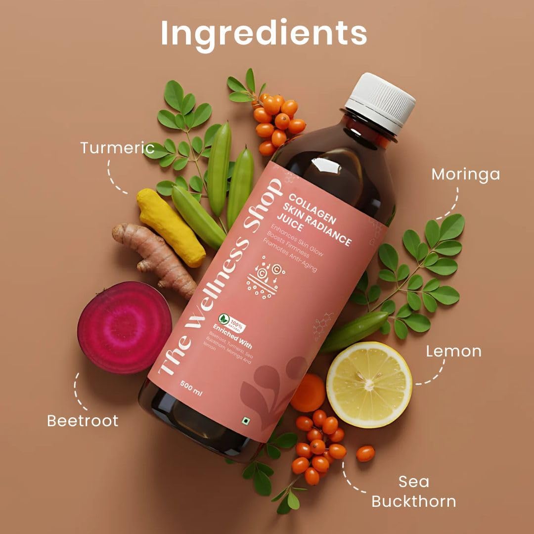 The Wellness Shop Collagen Skin Radiance Juice, 500ml, Sea Buckthorn Moringa, Ayurvedic Herbal Drink, Unisex - packaging