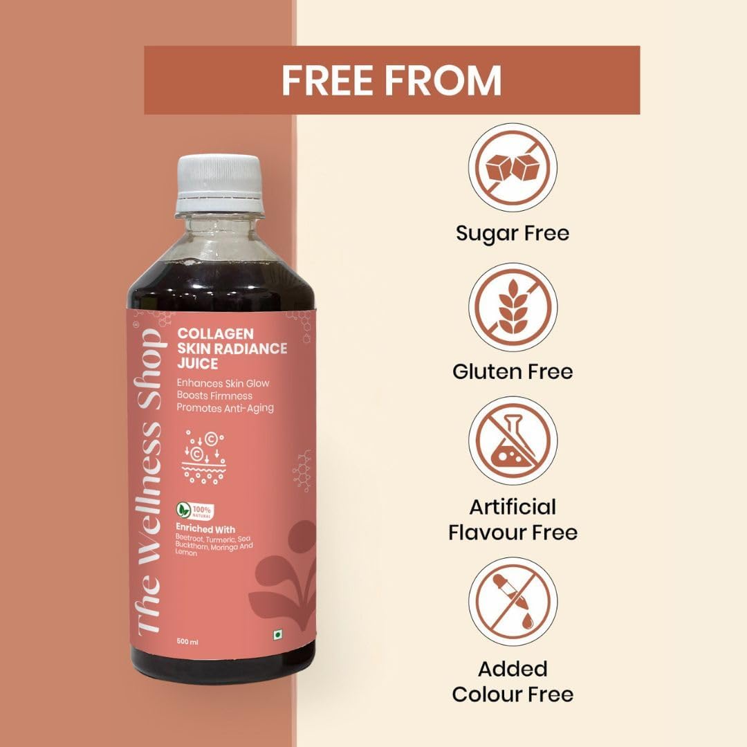 The Wellness Shop Collagen Skin Radiance Juice, 500ml, Sea Buckthorn Moringa, Ayurvedic Herbal Drink, Unisex - in use