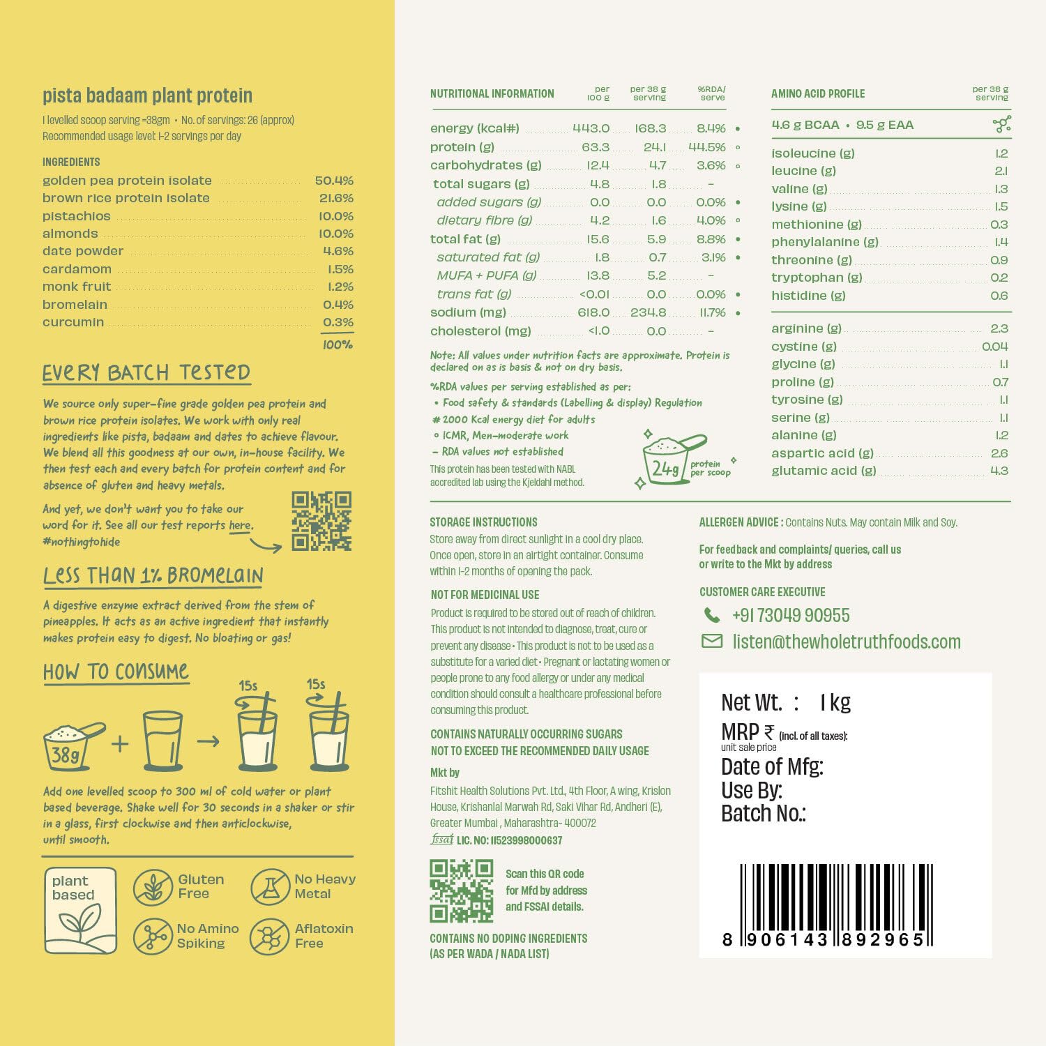 The Whole Truth Plant Protein Isolate Powder, 1kg, 25g Protein Per Scoop, Pea and Rice Blend - size and scale