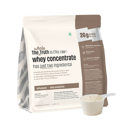 The Whole Truth Whey Protein Concentrate Powder, Unflavoured, 1kg, 26g Protein Per Scoop