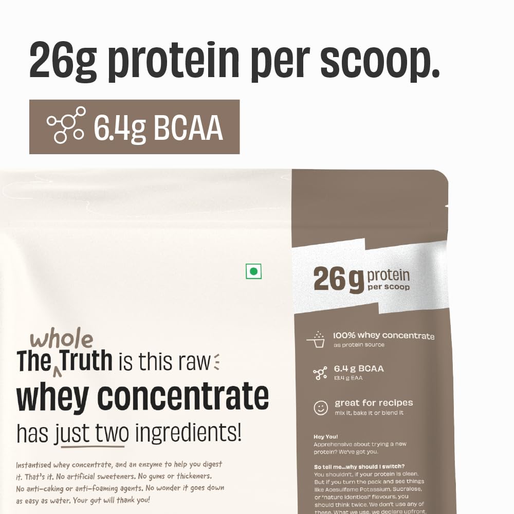 The Whole Truth Whey Protein Concentrate Powder, Unflavoured, 1kg, 26g Protein Per Scoop - front view