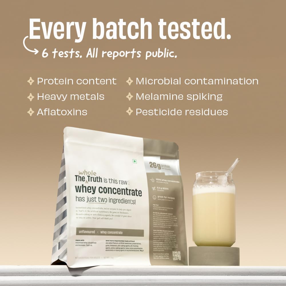 The Whole Truth Whey Protein Concentrate Powder, Unflavoured, 1kg, 26g Protein Per Scoop - packaging