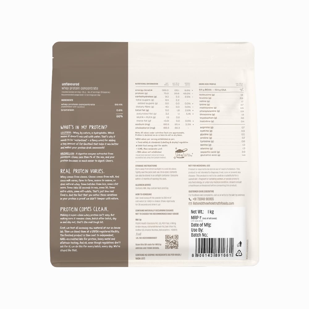 The Whole Truth Whey Protein Concentrate Powder, Unflavoured, 1kg, 26g Protein Per Scoop - in use