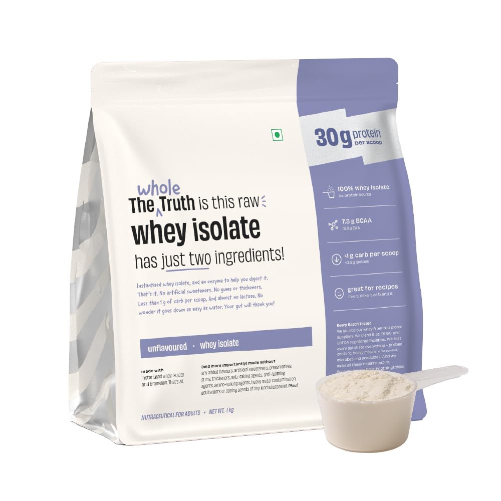The Whole Truth Whey Protein Isolate, Unflavoured, 1 kg (2.2 lbs), 30g Protein per Scoop, 90% Concentration, Vegetarian