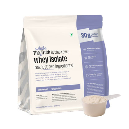 The Whole Truth Whey Protein Isolate, Unflavoured, 1 kg (2.2 lbs), 30g Protein per Scoop, 90% Concentration, Vegetarian