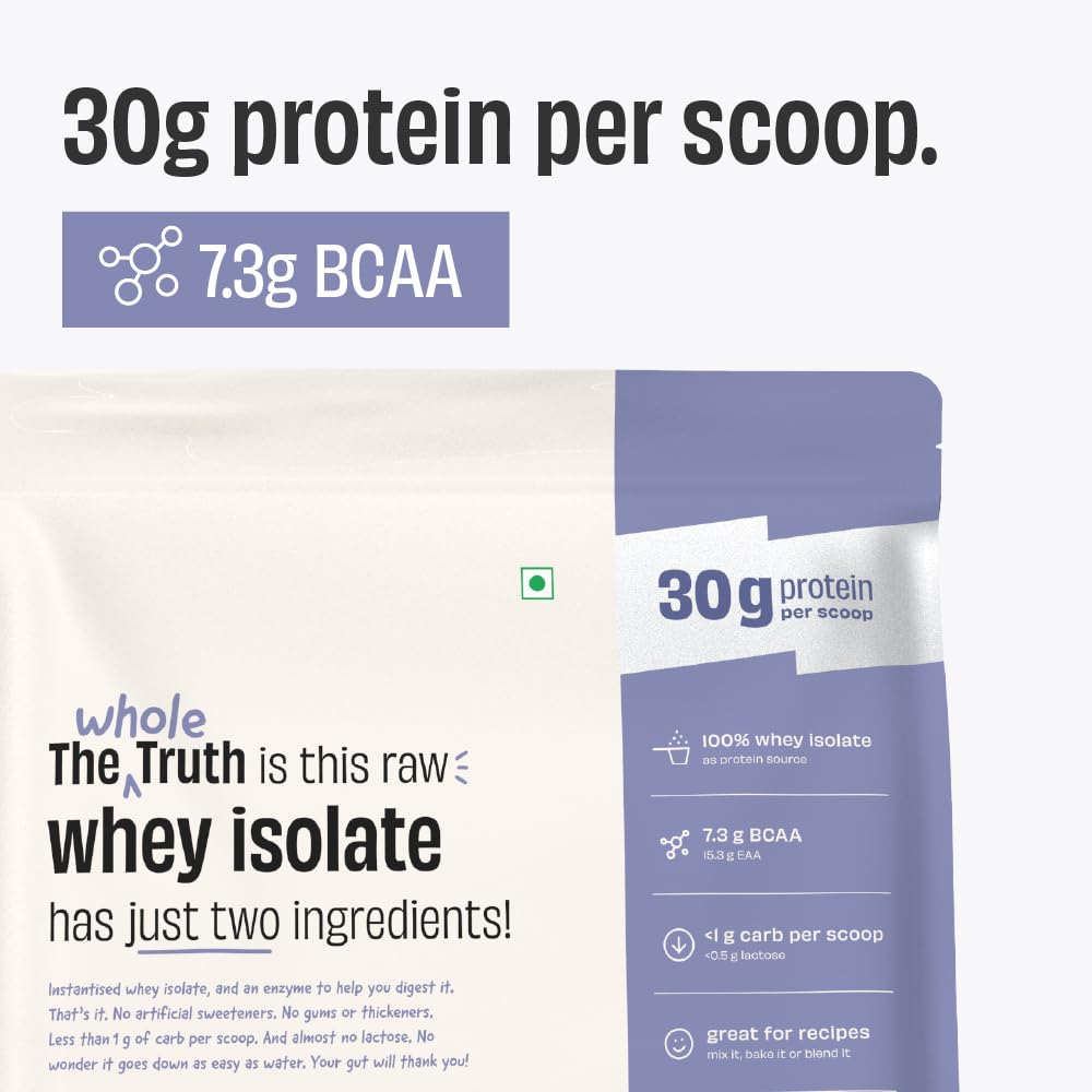 The Whole Truth Whey Protein Isolate, Unflavoured, 1 kg (2.2 lbs), 30g Protein per Scoop, 90% Concentration, Vegetarian - fro