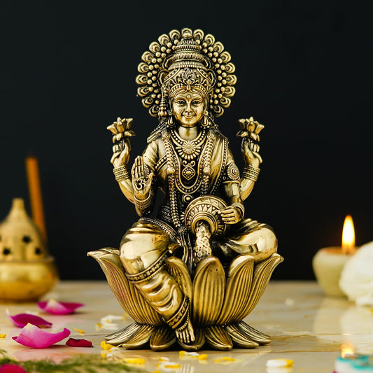 THOLIYA ARTS Brass Maa Lakshmi Sitting On Lotus Murti, 4 Inch Antique Gold Figurine for Home Decor