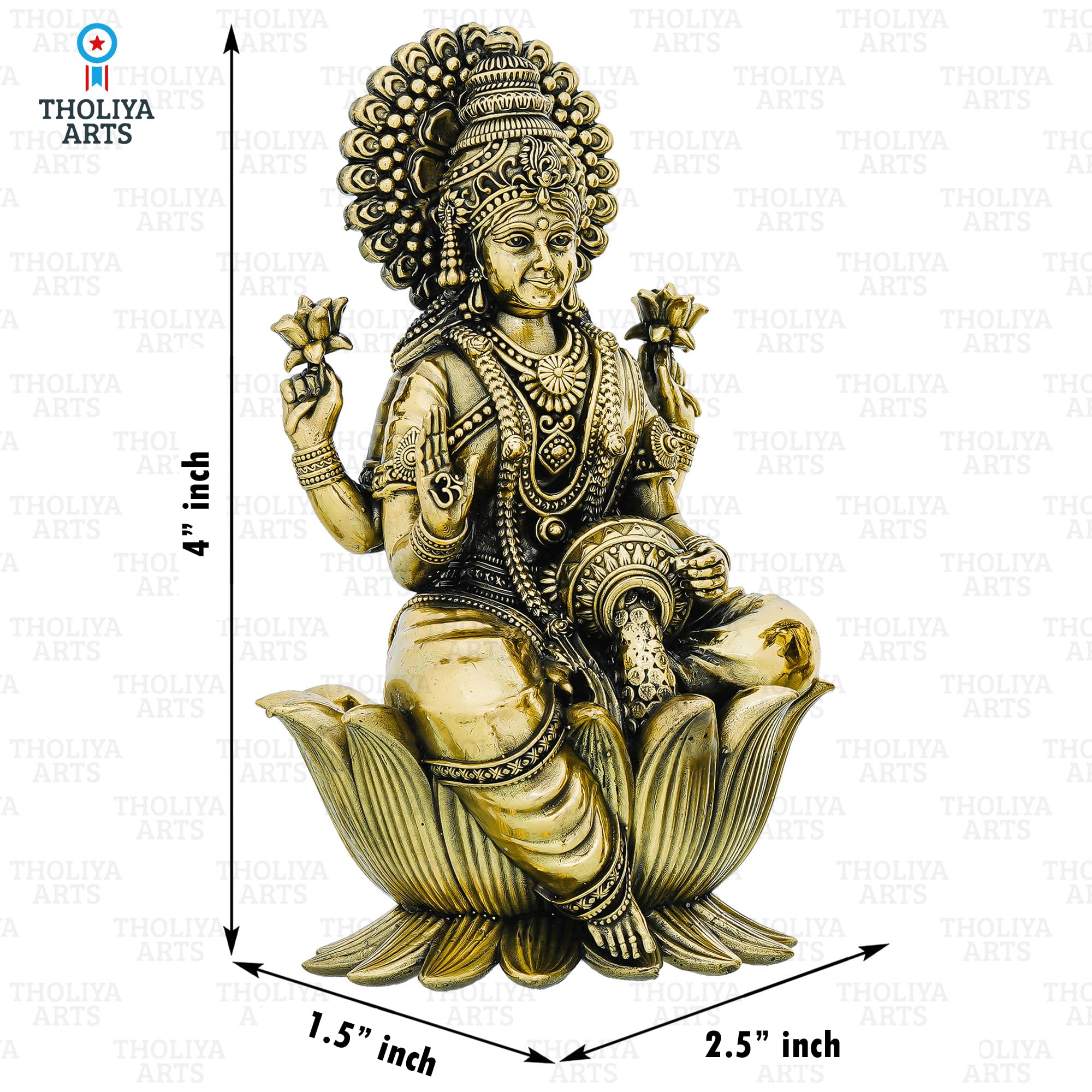 THOLIYA ARTS Brass Maa Lakshmi Sitting On Lotus Murti, 4 Inch Antique Gold Figurine for Home Decor - front view