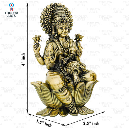 THOLIYA ARTS Brass Maa Lakshmi Sitting On Lotus Murti, 4 Inch Antique Gold Figurine for Home Decor - front view