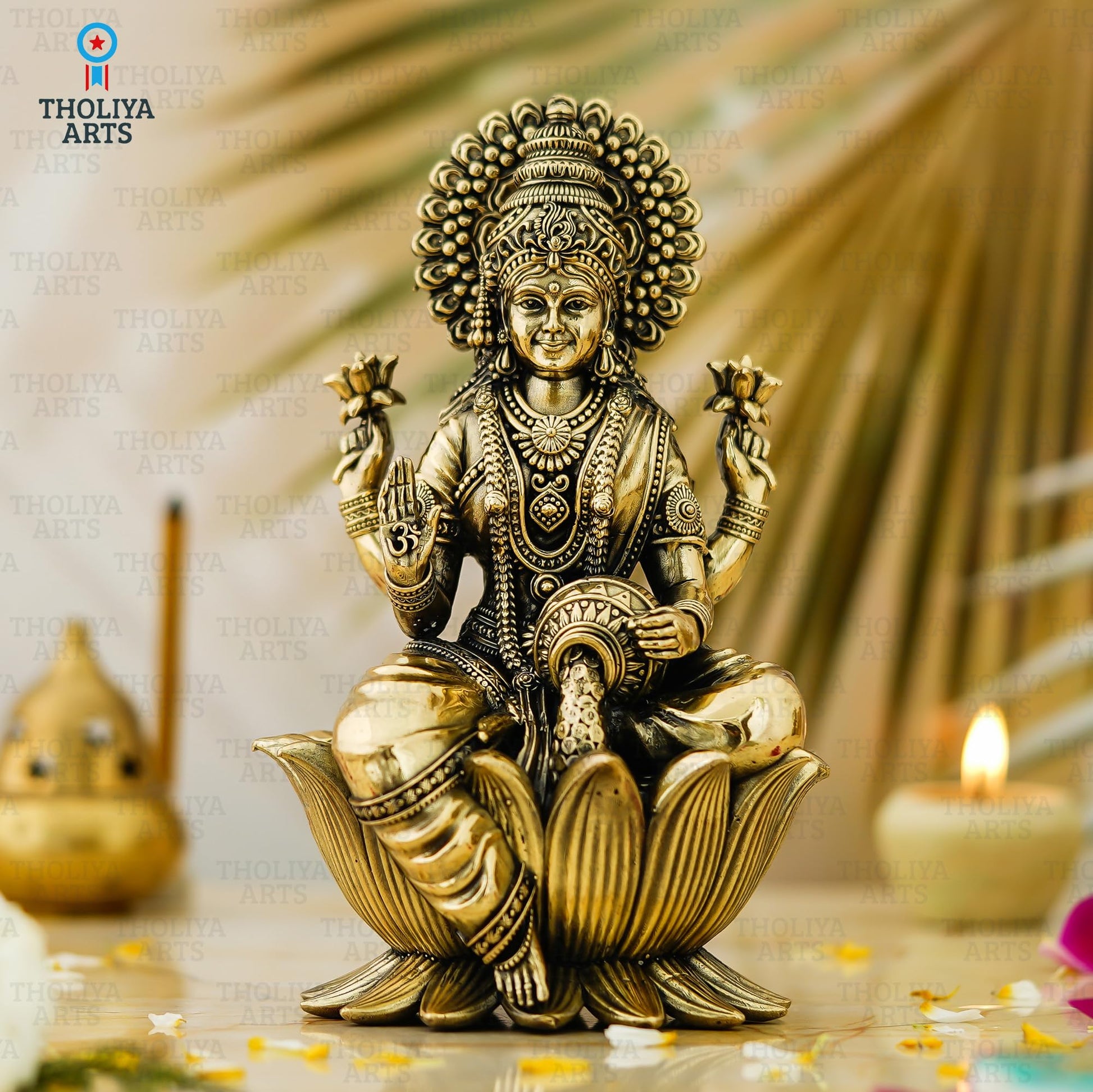 THOLIYA ARTS Brass Maa Lakshmi Sitting On Lotus Murti, 4 Inch Antique Gold Figurine for Home Decor - ingredients panel