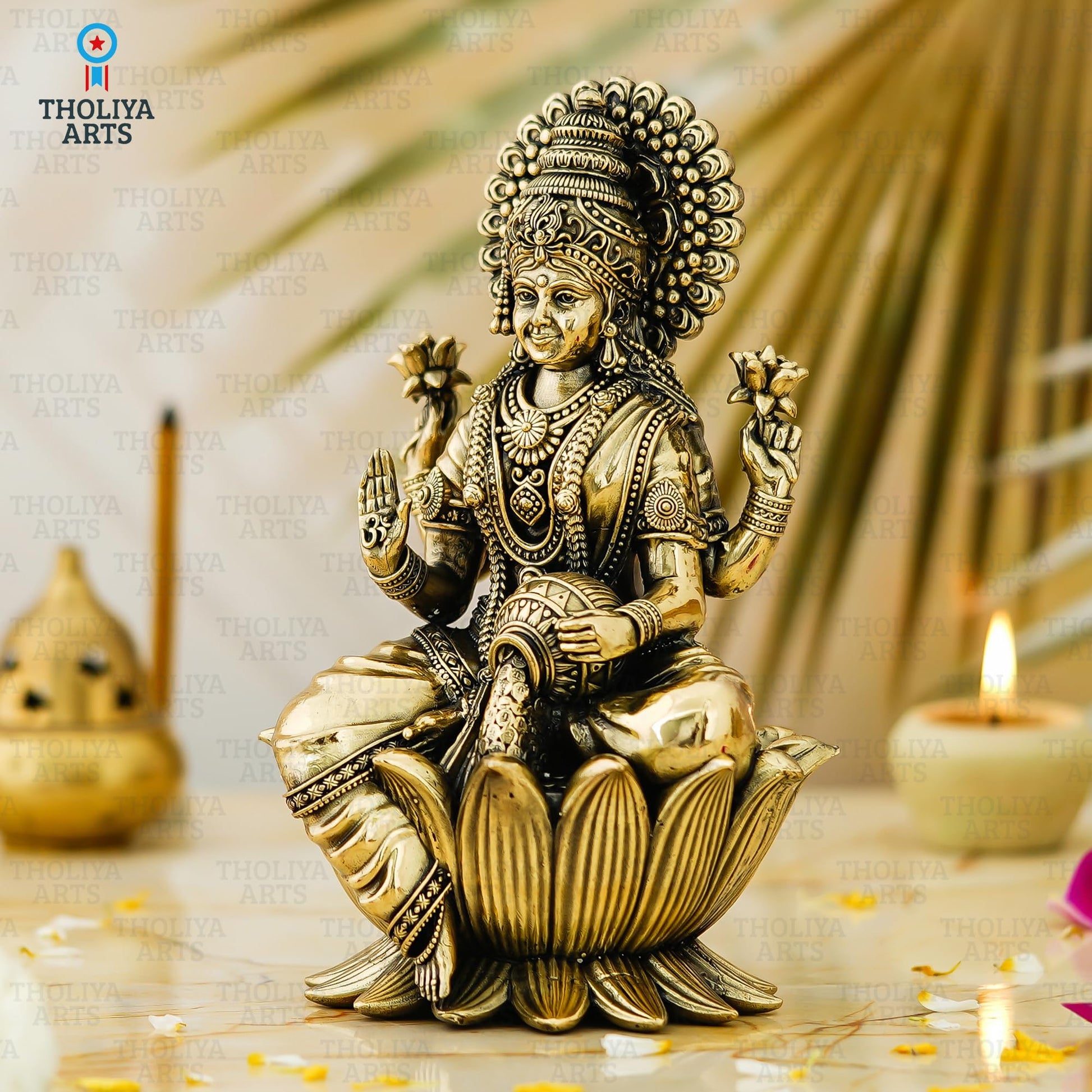 THOLIYA ARTS Brass Maa Lakshmi Sitting On Lotus Murti, 4 Inch Antique Gold Figurine for Home Decor - close-up detail