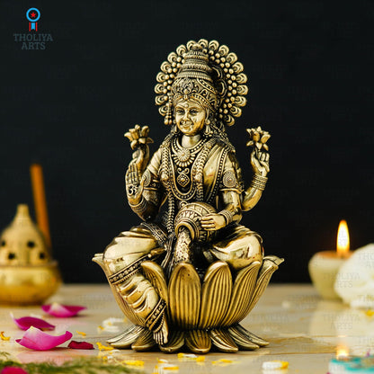 THOLIYA ARTS Brass Maa Lakshmi Sitting On Lotus Murti, 4 Inch Antique Gold Figurine for Home Decor - in use
